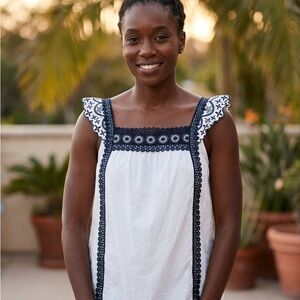 J. Crew Point Sur Navy Crochet Embroidery Eyelet Trim Cotton Top White Large